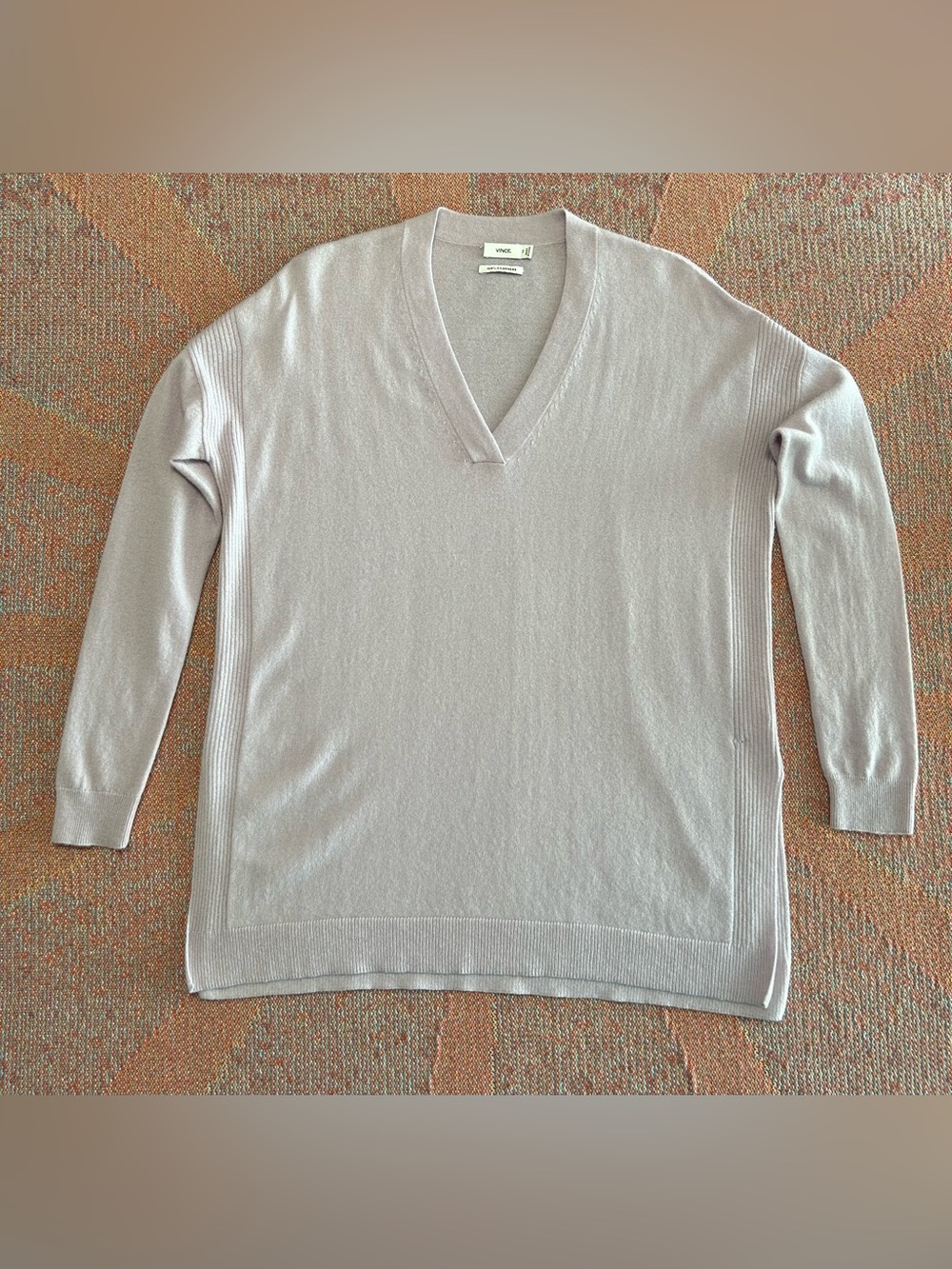 Vince 100% Cashmere Rib-Trim V-Neck Tunic Sweater Pale Lilac Pink Size XS